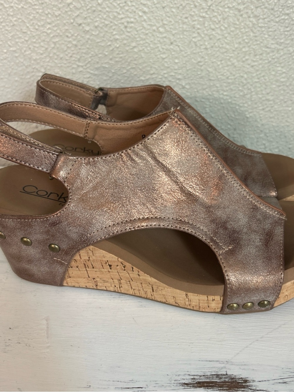 Corkys Rose Gold Metallic Open-Toe Wedge Sandals - Picture 2 of 5